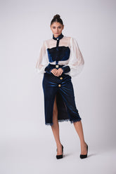 Velour pencil skirt with 3 gold buttons, front slit and lace trim